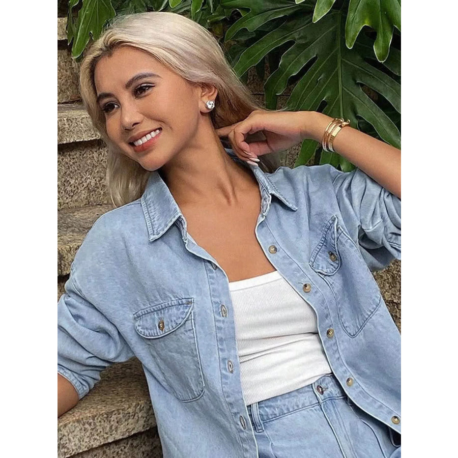 Button Up Long Sleeve Shirt and Shorts Denim Set Light Blue Top / S Apparel and Accessories