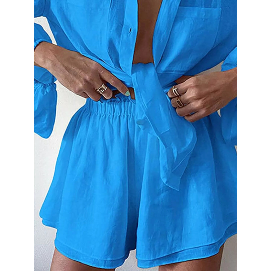 Button Up Long Sleeve Shirt and Shorts Set Apparel and Accessories