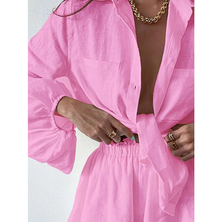 Button Up Long Sleeve Shirt and Shorts Set Apparel and Accessories