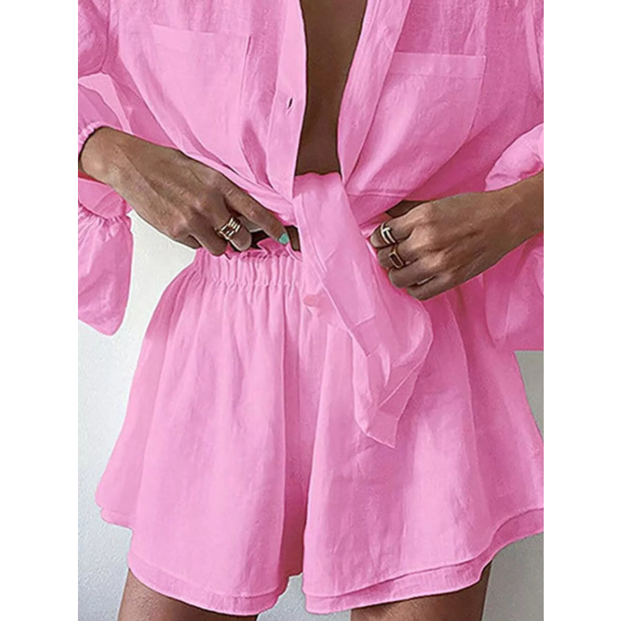 Button Up Long Sleeve Shirt and Shorts Set Apparel and Accessories
