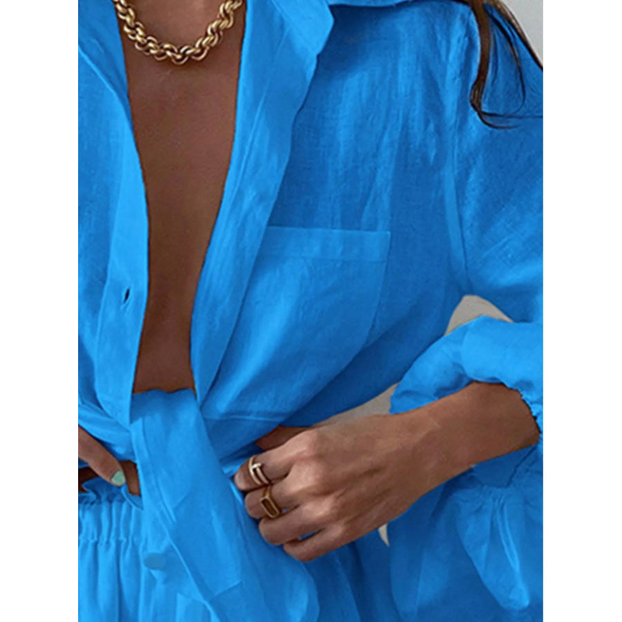Button Up Long Sleeve Shirt and Shorts Set Apparel and Accessories