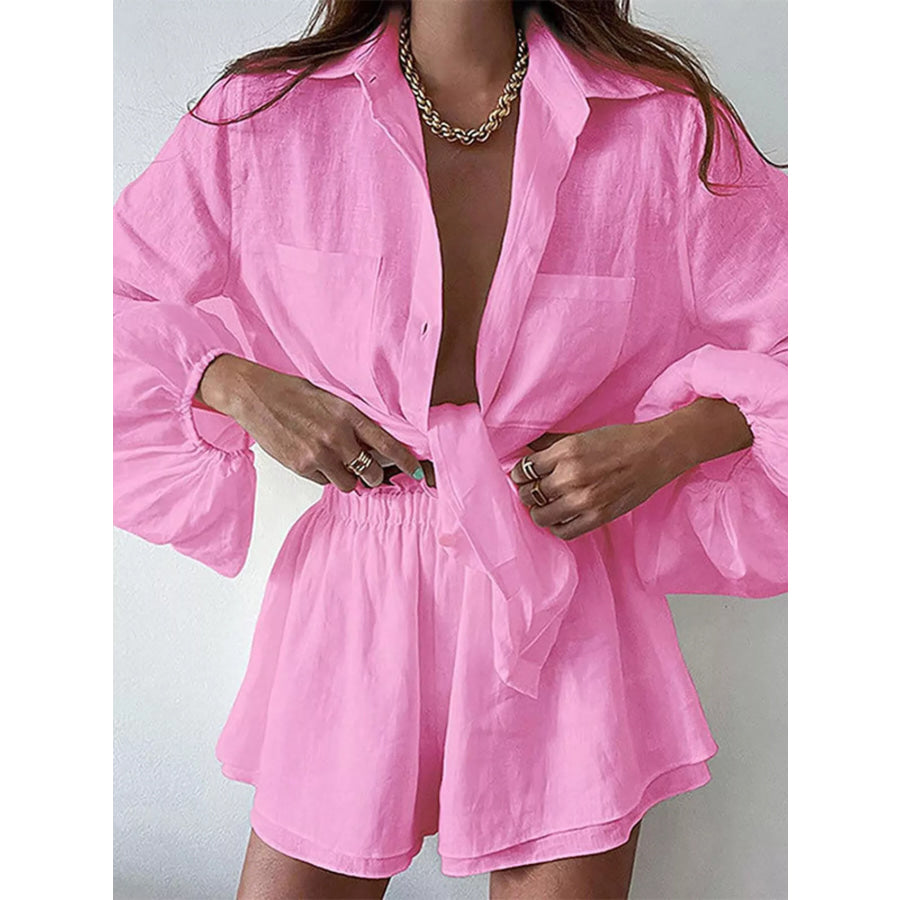 Button Up Long Sleeve Shirt and Shorts Set Pink / S Apparel and Accessories