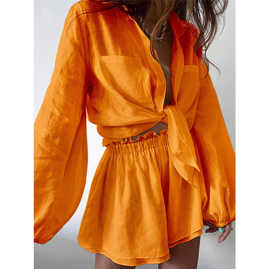 Button Up Long Sleeve Shirt and Shorts Set Tangerine / S Apparel and Accessories