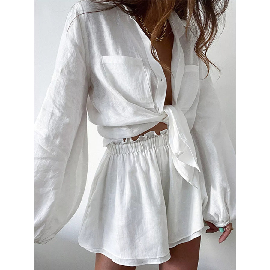 Button Up Long Sleeve Shirt and Shorts Set White / S Apparel and Accessories