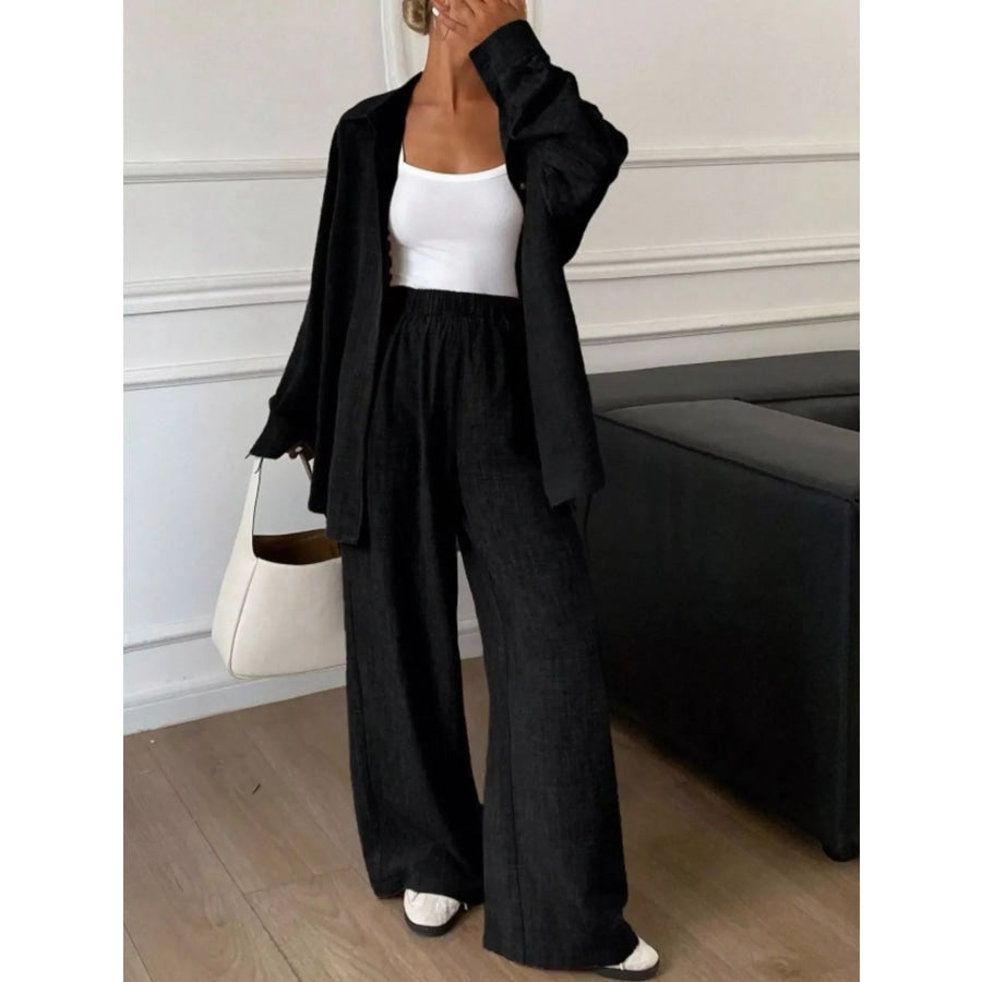 Button Up Long Sleeve Shirt and Wide Leg Pants Set Apparel and Accessories