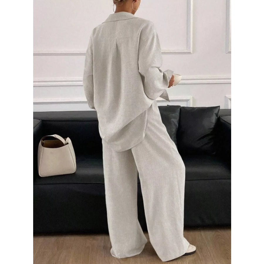 Button Up Long Sleeve Shirt and Wide Leg Pants Set Apparel and Accessories