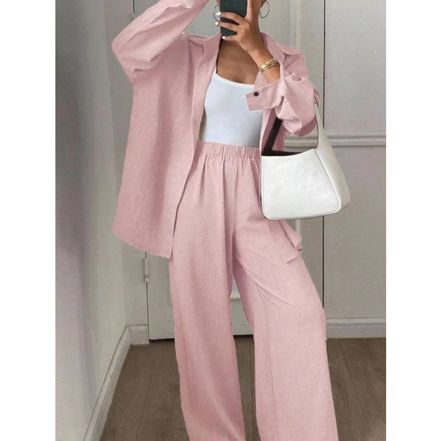 Button Up Long Sleeve Shirt and Wide Leg Pants Set Apparel and Accessories