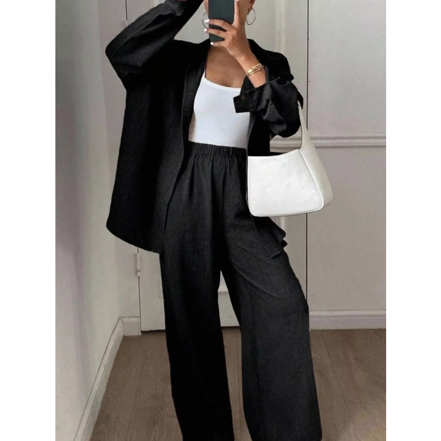 Button Up Long Sleeve Shirt and Wide Leg Pants Set Apparel and Accessories