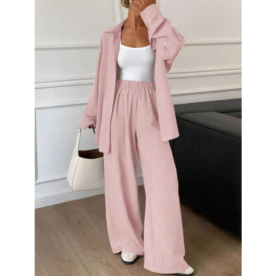 Button Up Long Sleeve Shirt and Wide Leg Pants Set Apparel and Accessories