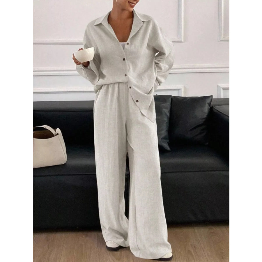Button Up Long Sleeve Shirt and Wide Leg Pants Set Apparel and Accessories