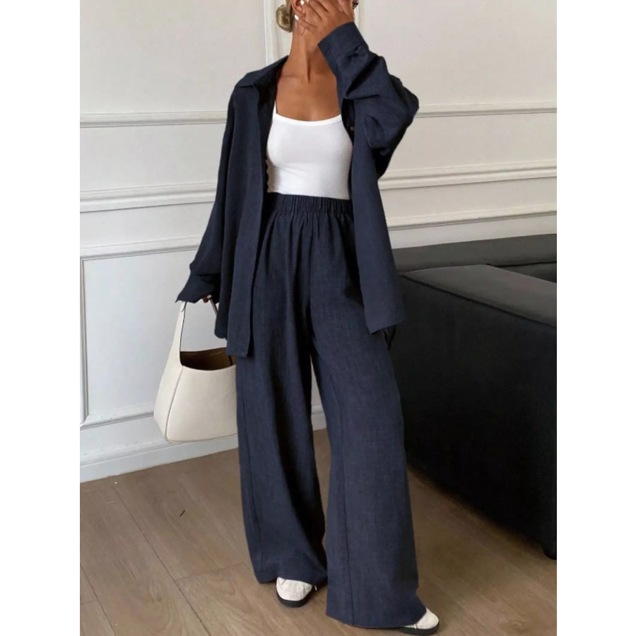 Button Up Long Sleeve Shirt and Wide Leg Pants Set Apparel and Accessories