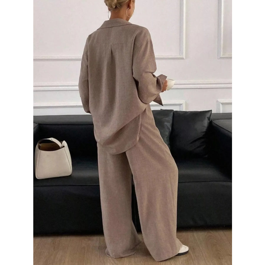 Button Up Long Sleeve Shirt and Wide Leg Pants Set Apparel and Accessories