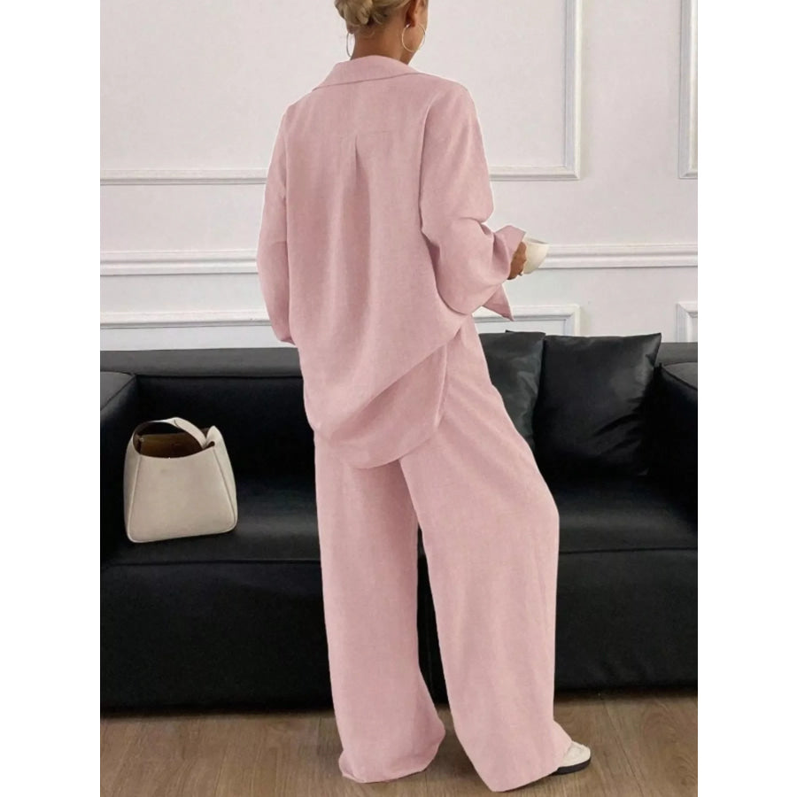 Button Up Long Sleeve Shirt and Wide Leg Pants Set Apparel and Accessories