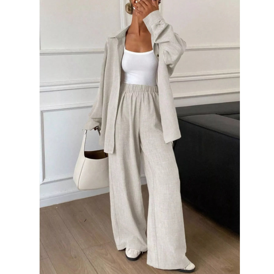 Button Up Long Sleeve Shirt and Wide Leg Pants Set Apparel and Accessories