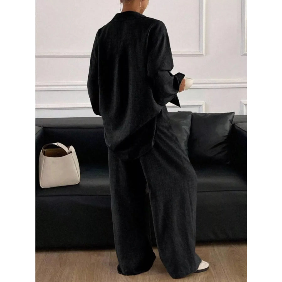 Button Up Long Sleeve Shirt and Wide Leg Pants Set Apparel and Accessories