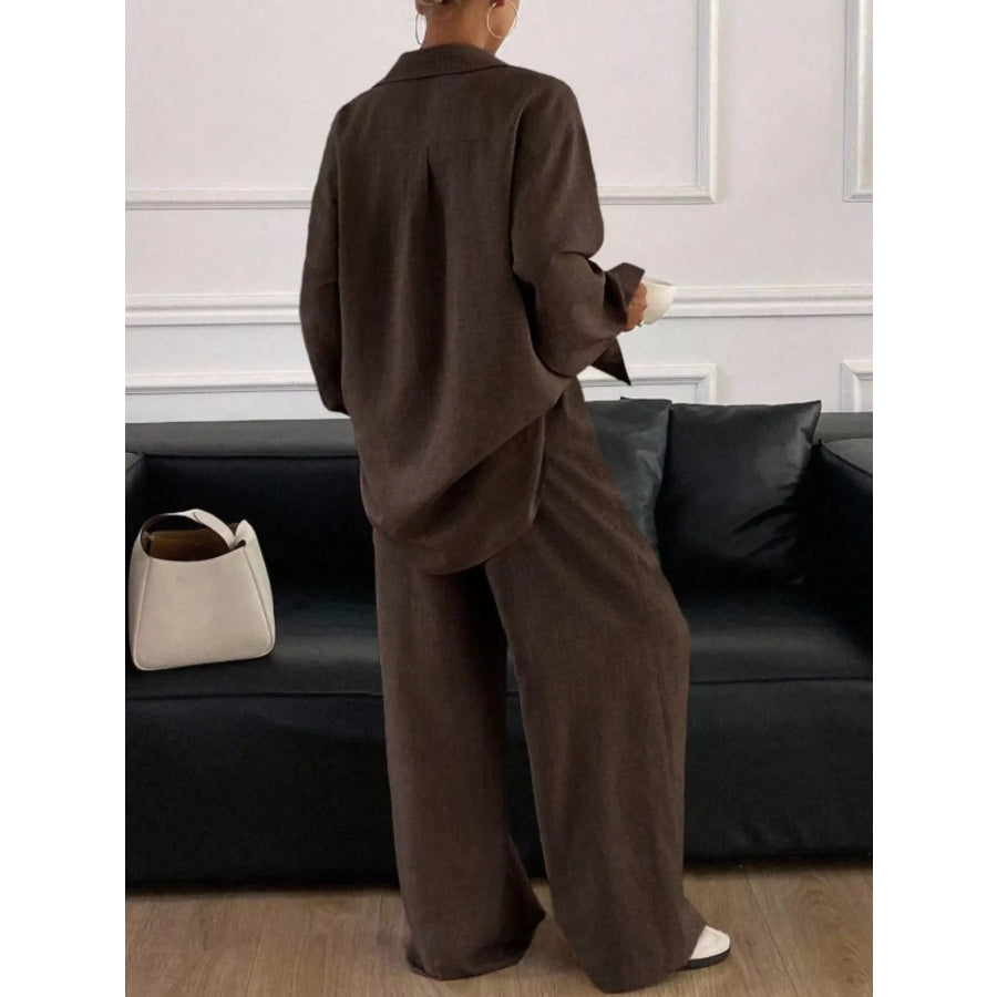 Button Up Long Sleeve Shirt and Wide Leg Pants Set Apparel and Accessories