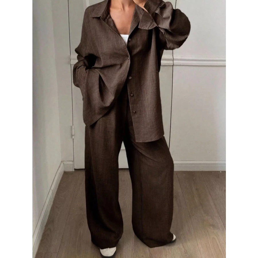 Button Up Long Sleeve Shirt and Wide Leg Pants Set Apparel and Accessories