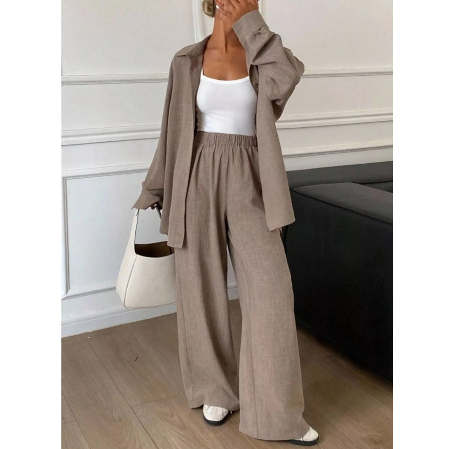 Button Up Long Sleeve Shirt and Wide Leg Pants Set Apparel and Accessories