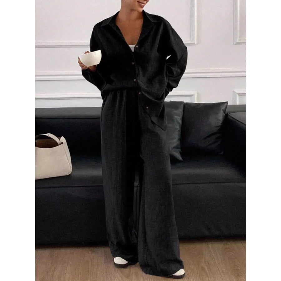 Button Up Long Sleeve Shirt and Wide Leg Pants Set Black / S Apparel and Accessories