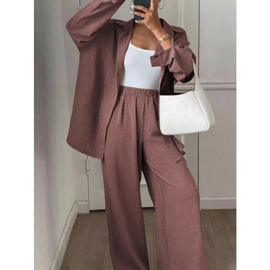 Button Up Long Sleeve Shirt and Wide Leg Pants Set Brown / S Apparel and Accessories