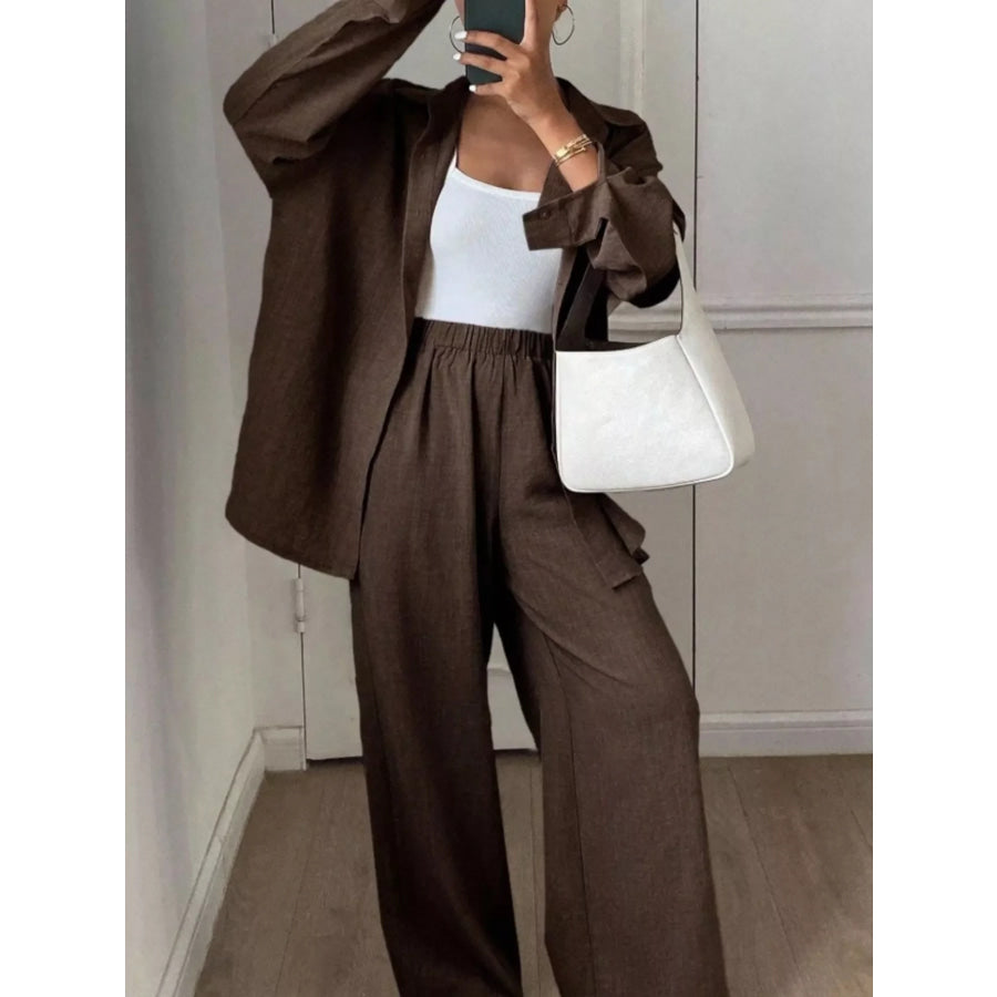 Button Up Long Sleeve Shirt and Wide Leg Pants Set Dark Brown / S Apparel and Accessories