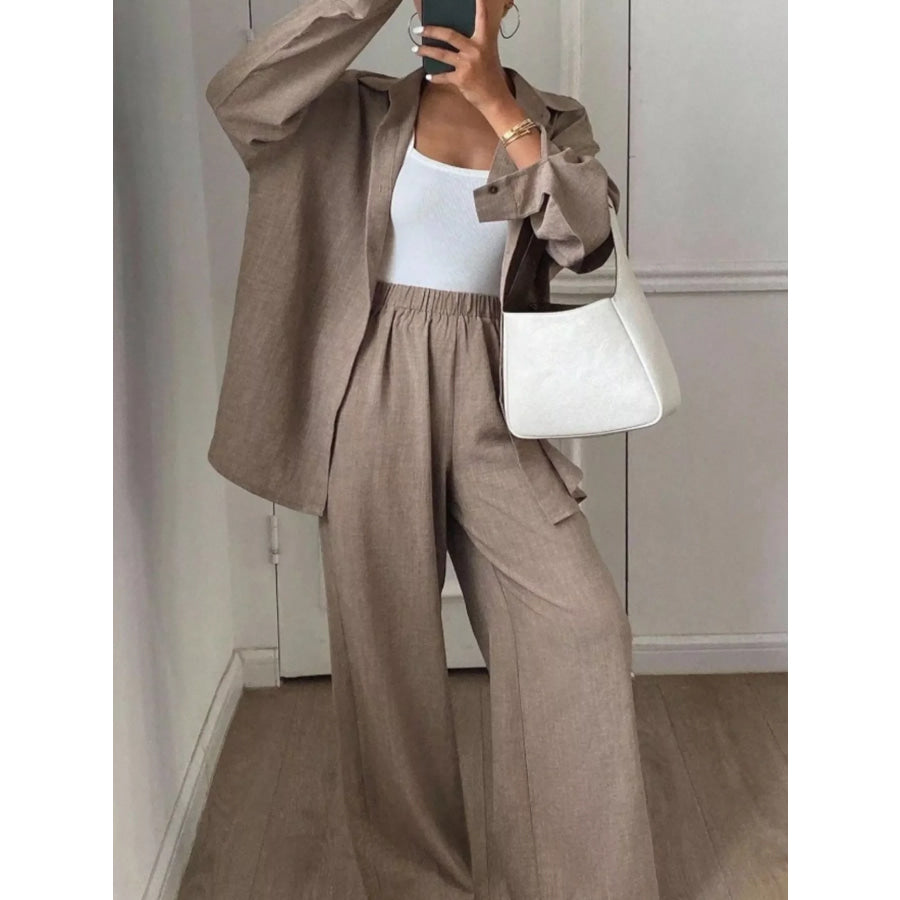 Button Up Long Sleeve Shirt and Wide Leg Pants Set Khaki / S Apparel and Accessories
