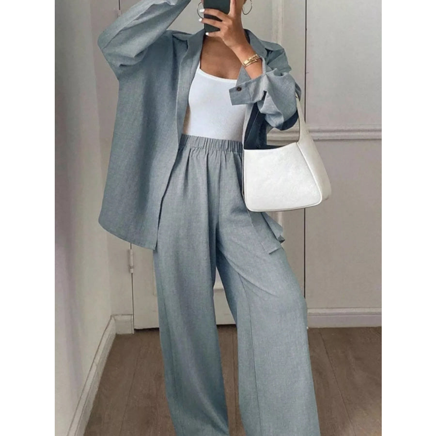 Button Up Long Sleeve Shirt and Wide Leg Pants Set Light Blue / S Apparel and Accessories