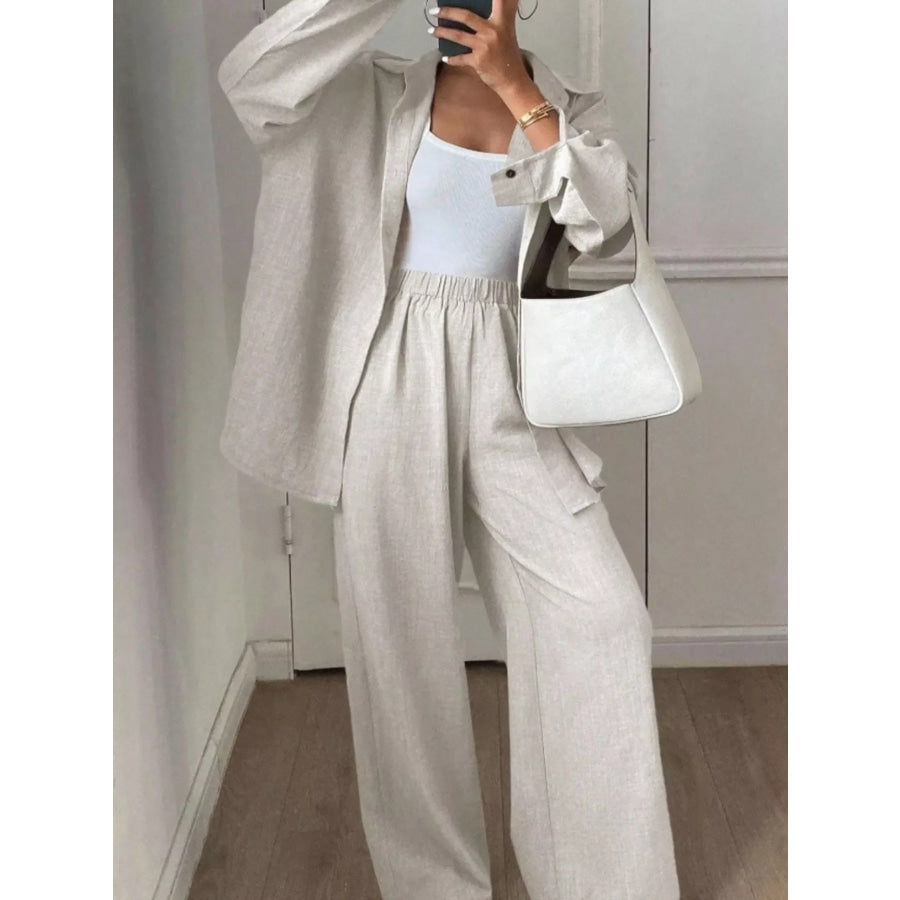 Button Up Long Sleeve Shirt and Wide Leg Pants Set Orange-red / S Apparel and Accessories