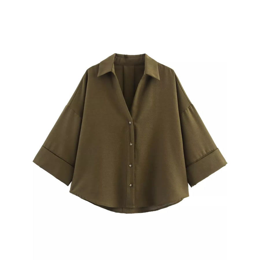Button Up Long Sleeve Shirt Army Green / XS Apparel and Accessories