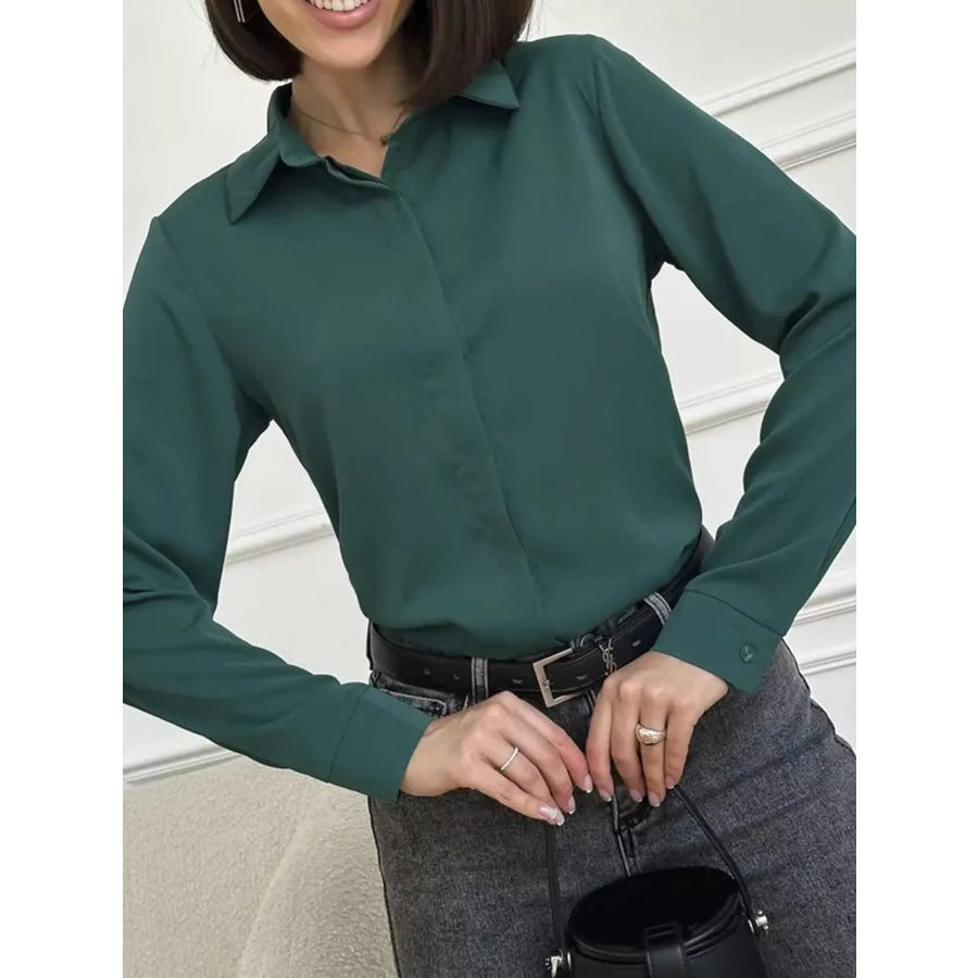 Button Up Long-Sleeve Shirt Dark Green / S Apparel and Accessories