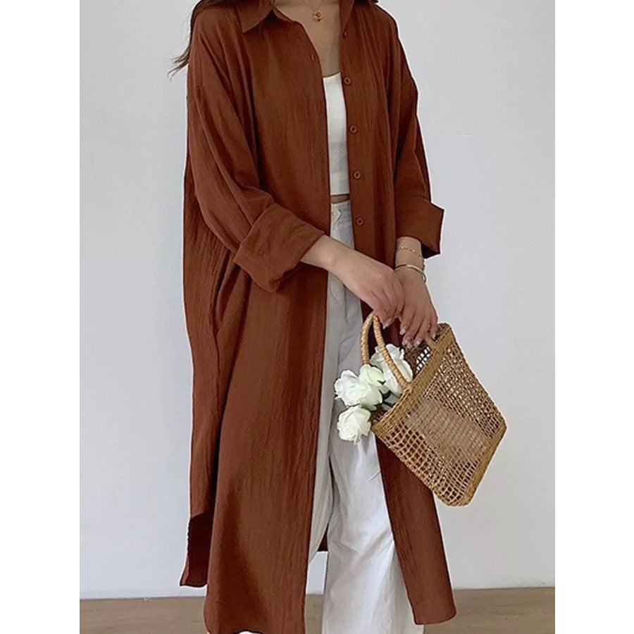 Button Up Long Sleeve Shirt Dress Caramel / S Apparel and Accessories