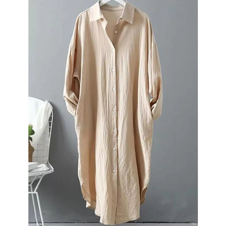 Button Up Long Sleeve Shirt Dress Khaki / S Apparel and Accessories