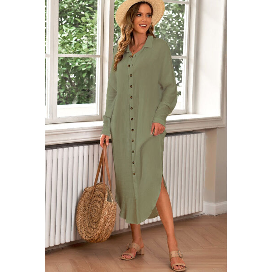 Button Up Long Sleeve Shirt Dress Moss / S Apparel and Accessories