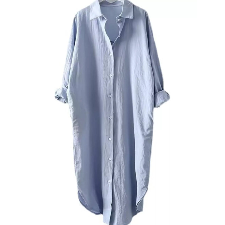 Button Up Long Sleeve Shirt Dress Sky Blue / S Apparel and Accessories