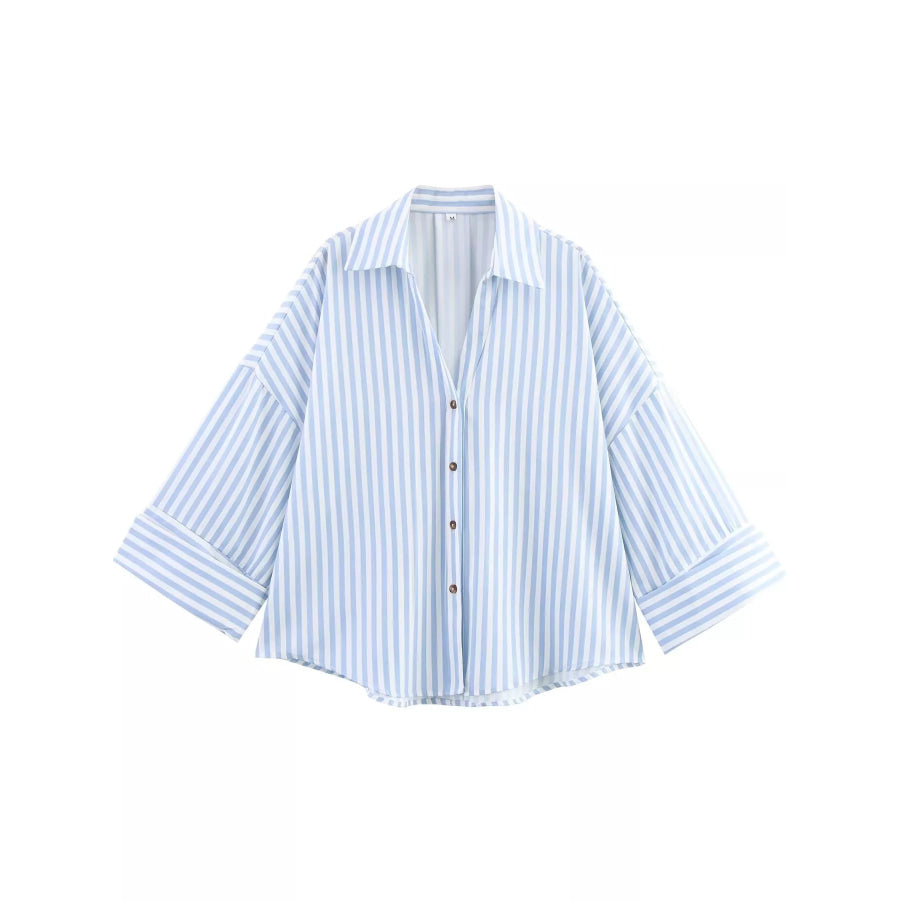 Button Up Long Sleeve Shirt Light Blue Stripes / XS Apparel and Accessories