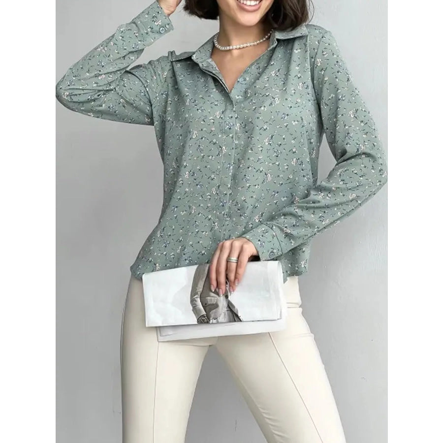 Button Up Long-Sleeve Shirt Light Green-Ditsy Floral / S Apparel and Accessories