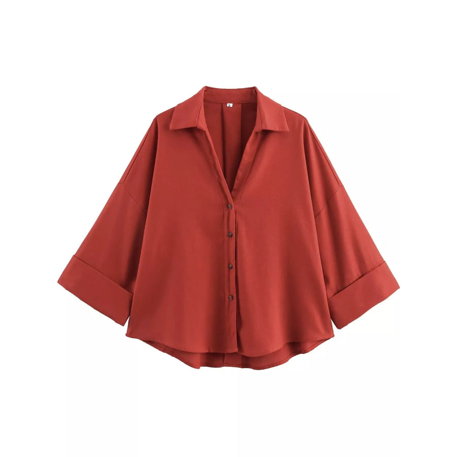 Button Up Long Sleeve Shirt Orange Red / XS Apparel and Accessories