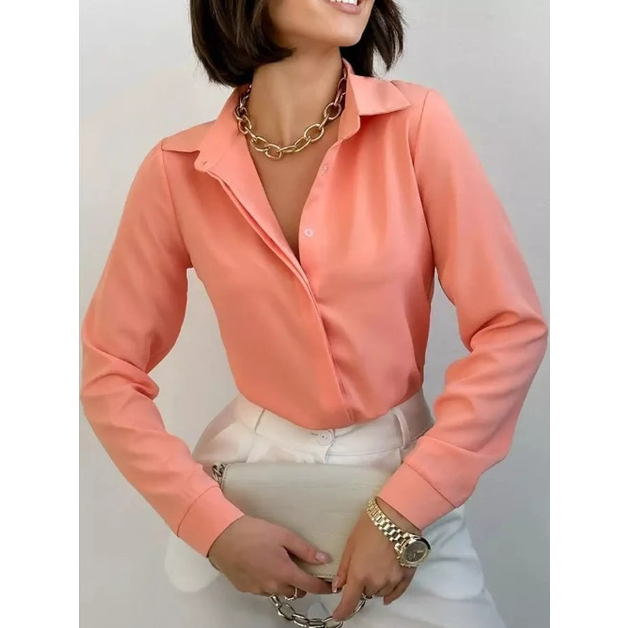 Button Up Long-Sleeve Shirt Tangerine Pink / S Apparel and Accessories
