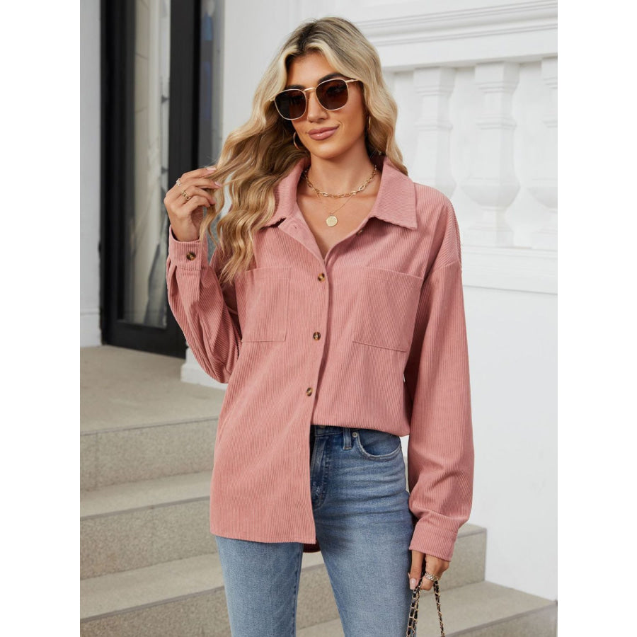 Button Up Long Sleeve Shirt with Breast Pockets Apparel and Accessories