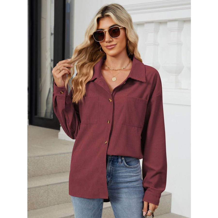 Button Up Long Sleeve Shirt with Breast Pockets Apparel and Accessories