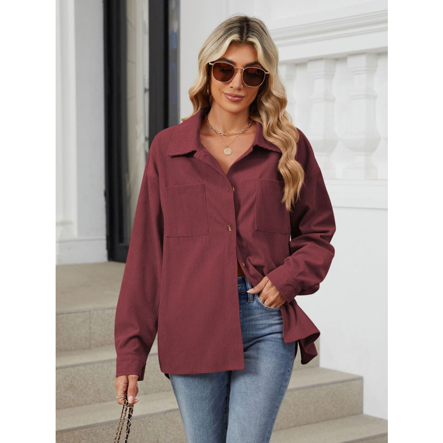 Button Up Long Sleeve Shirt with Breast Pockets Burgundy / S Apparel and Accessories