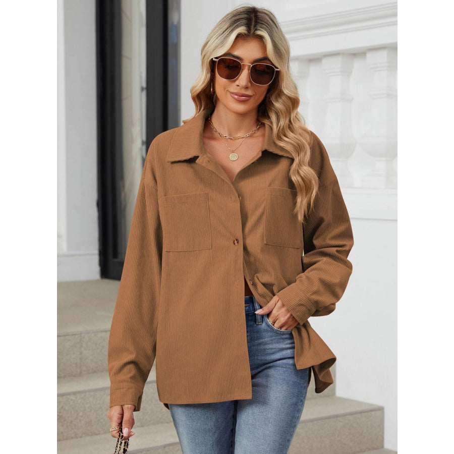 Button Up Long Sleeve Shirt with Breast Pockets Caramel / S Apparel and Accessories