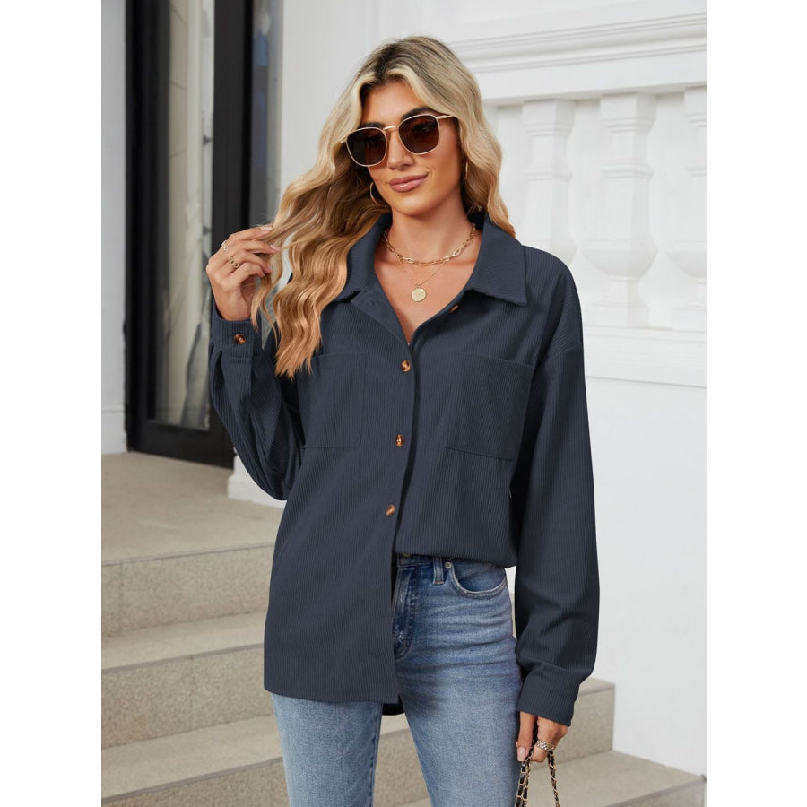 Button Up Long Sleeve Shirt with Breast Pockets Dark Navy / S Apparel and Accessories