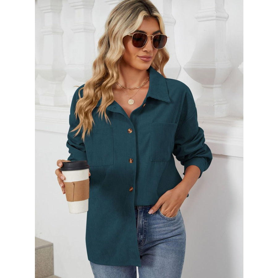 Button Up Long Sleeve Shirt with Breast Pockets Deep Teal / S Apparel and Accessories