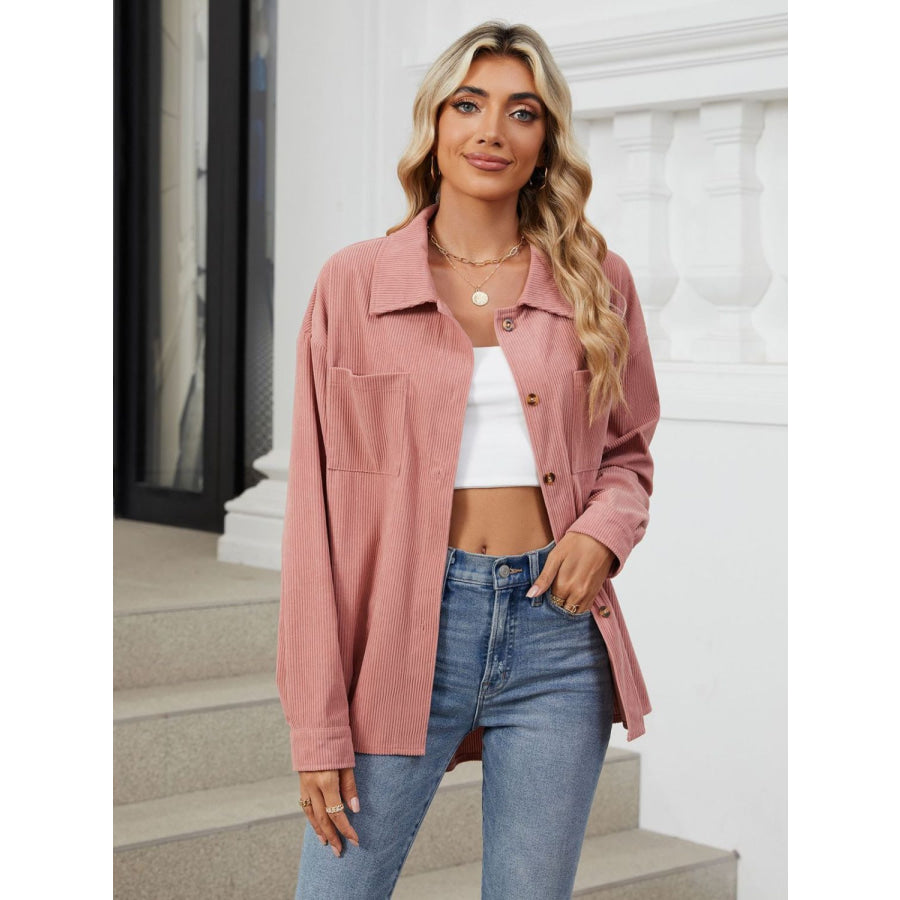 Button Up Long Sleeve Shirt with Breast Pockets Dusty Pink / S Apparel and Accessories