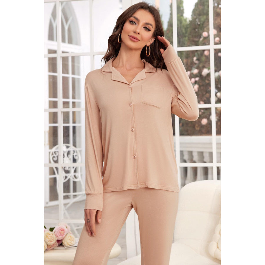 Button Up Long Sleeve Top and Pants Lounge Set Apparel and Accessories