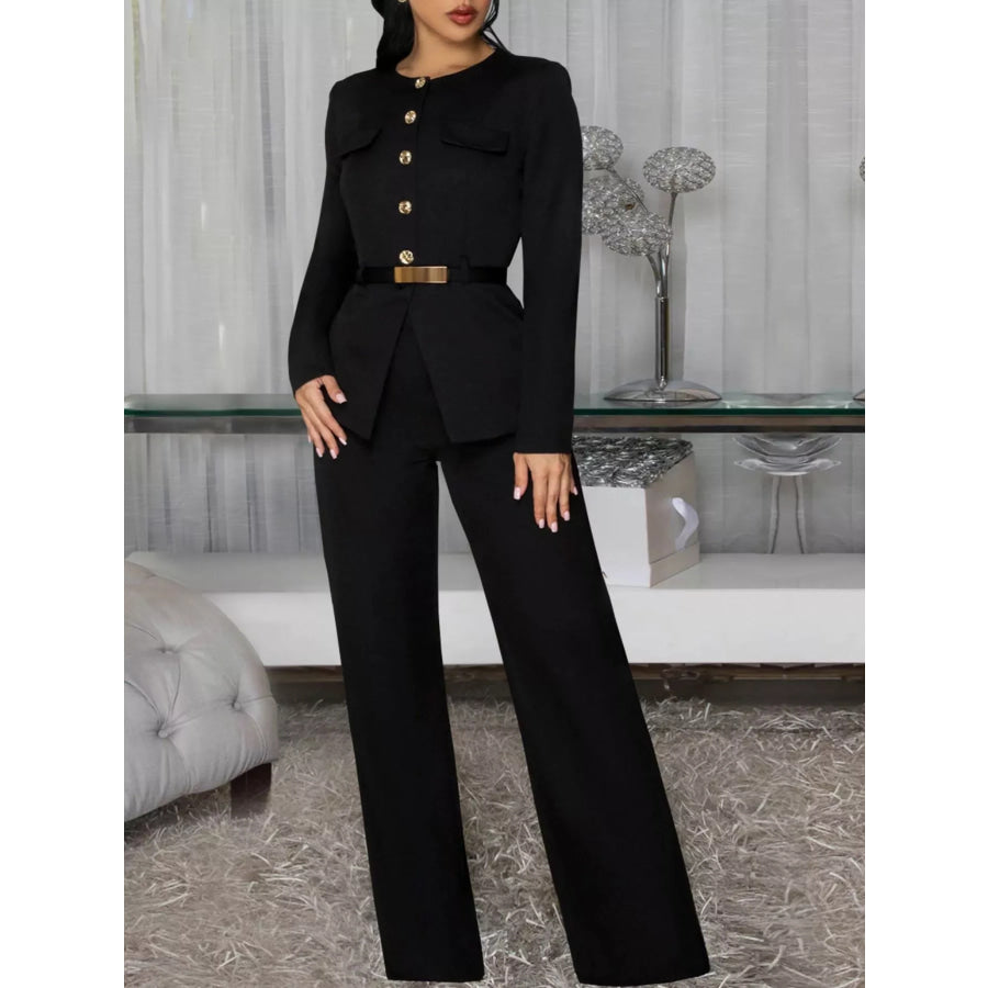 Button Up Long Sleeve Top and Pants Set Apparel and Accessories