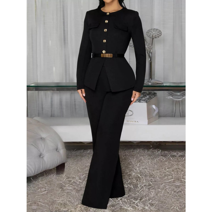 Button Up Long Sleeve Top and Pants Set Apparel and Accessories
