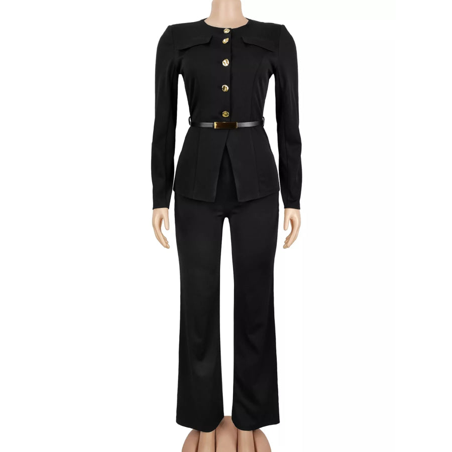 Button Up Long Sleeve Top and Pants Set Apparel and Accessories