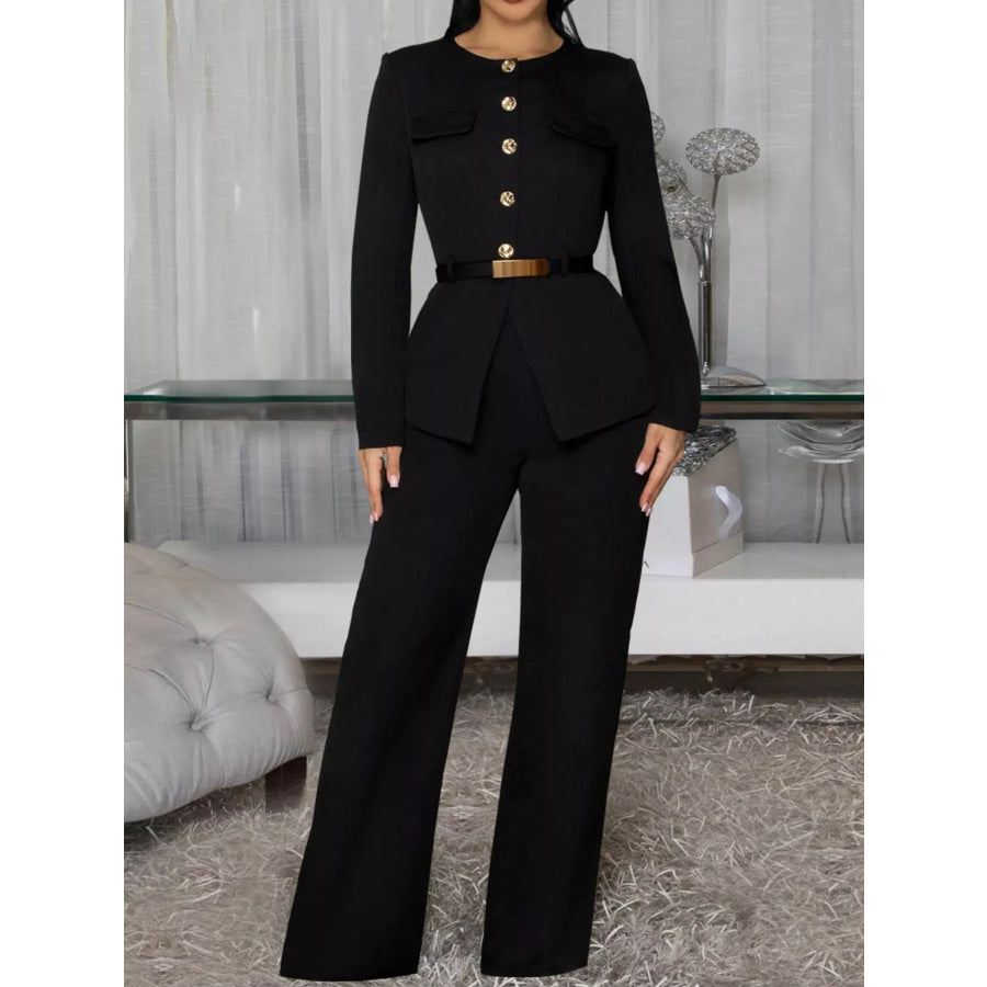 Button Up Long Sleeve Top and Pants Set Black / S Apparel and Accessories